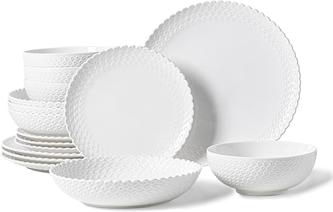 16 Piece Dinnerware Sets with Dishes, Bowls and Plates, Porcelain Dinner Set for 4, White, Glossy, Round, All Occasions