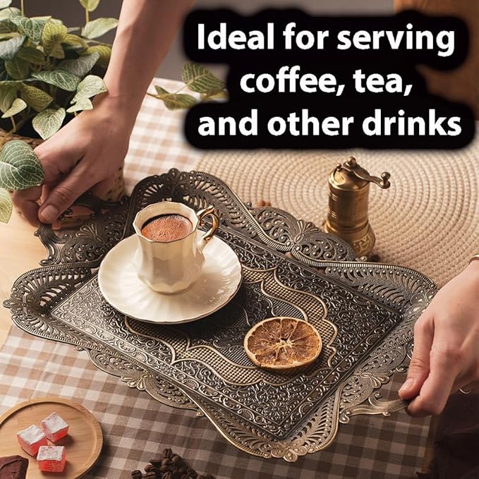 Moroccan Antique Coffee Tea Serving Tray Table Home Decor Decorative Handle - Antique Arabic Brass Fancy Persian Rectangle Vintage Retro Rustic Ottoman Farmhouse Style Decor Tray Traditional