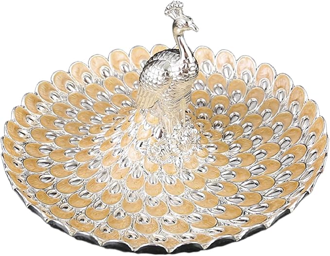 Fruit Dish Cosmetic Tray Peacock Sturdy Snack Storage Plate Vanity Storage Holder Serving Tray for Trinket Jewelry Wedding, Silver Orange Yellow