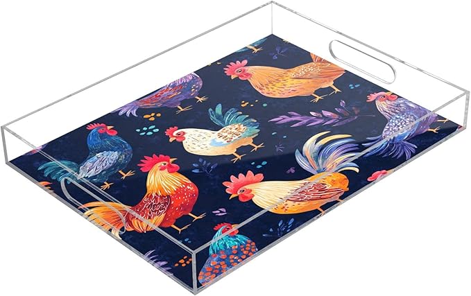 Serving Tray with Handles Clear Acrylic Tray 12x16 Inch Decorative Rectangular Tray Organizer for Ottoman Coffee Table Bathroom Rooster Spring Blue