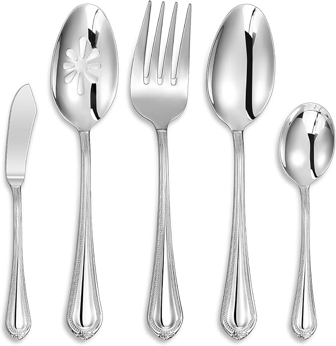 KEAWELL Pearl Edge Premium Serving Spoon Set, 18/10 Stainless Steel, 9" Fine Hostess Utensils with Refined Bead Design, Brightly Polished, Dishwasher Safe (Hostess Serving Set)