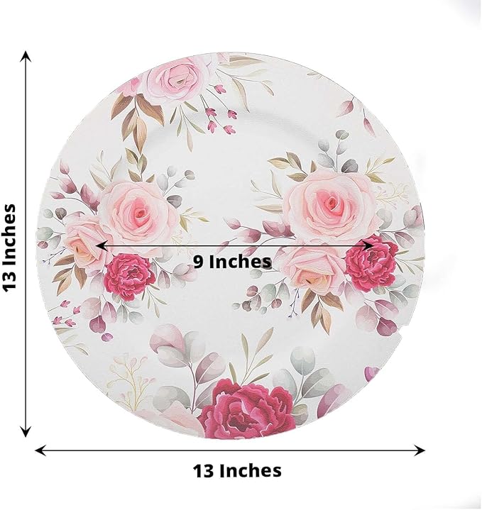 Efavormart 6 Pack | 13" Rose Flower Design Plastic Serving Plates, Disposable Spring Floral Print Charger Trays