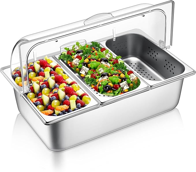 Perforated Countertop Food Serving Display Container and Clear Roll Top Cover 3 Pan Stainless Steel Food Serving Tray Buffet Condiment Dispenser Display Rack for Restaurant Hotel Kitchen Party
