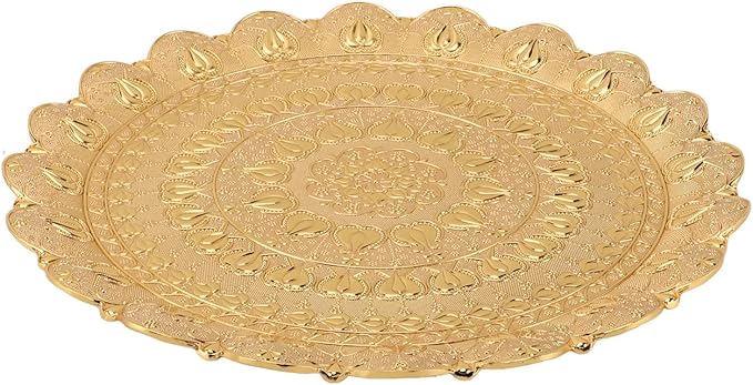 Turkish Tea Coffee Serving Tray, Vintage Style Round Coffee Tray with Embossed Pattern, Metal Dessert Plate for Bar Outdoor Dresser and Home Use (Gold)