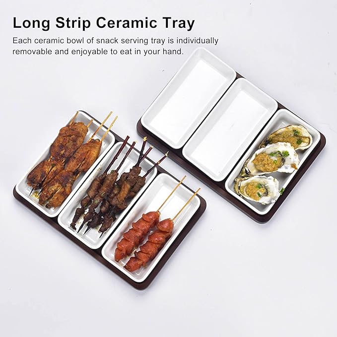 Restokki Snack Serving Tray Coffee Ceramic Segmented Long Strip Dishes Set with Pallets for Cookies Nuts Bread Dessert