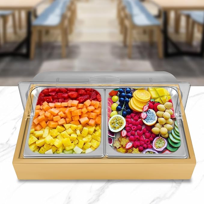 Ice Food Serving Display Tray, 3L/ 3.17Qt Stainless Steel Buffet Cold Serving Plate Ice Food Serving Display Tray with Ice Box for Hotel and Party (Gold, 3L)