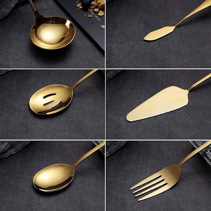 6-Piece Serving Flatware Silverware Set, Serving Utensil Set,Include Cake Server, Slotted Serving Spoon Gold