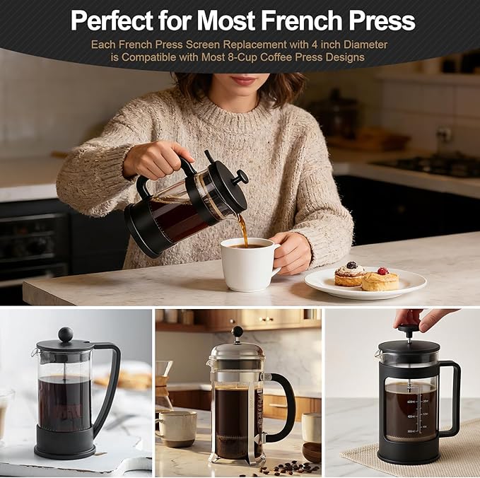 6 Packs French Press Filters Replacements, 4 Inch Premium Stainless Steel French Press Screen Replacement for 1000 Ml/ 34 Oz/ 8 Cup French Press Coffee and Tea Makers by ES NATAURA