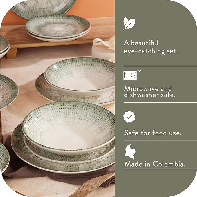 Corona 12-Piece Textured Modern Textured Finish Ceramic Dinnerware Sets, Plates and Bowls, Service For 4, Microwave and Dishwasher Safe, Elara