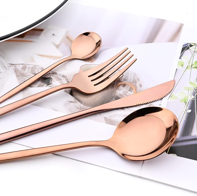 8 Piece Snplowum Flatware Set, 18/0 Stainless Steel Silverware For 2, Kitchen Wedding Gift Utensils For Couple Friend Home Daily Use, Travel Tableware Set, Mirror Rose Gold