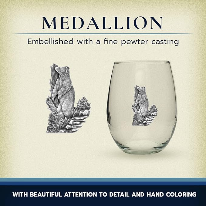 Heritage Pewter Black Bear Stemless Glass Goblets – Set of 2 | 15 OZ Goblet Wine Glasses | Expertly Crafted Pewter Glass