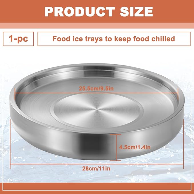 11" 304 Stainless Steel Cold Chilled Serving Tray with Ice Chamber, Silver Shrimp Cocktail Serving Dish, Appetizer Cooling Chilled Party Platter with Ice Underneath for Party Buffets (28cm)