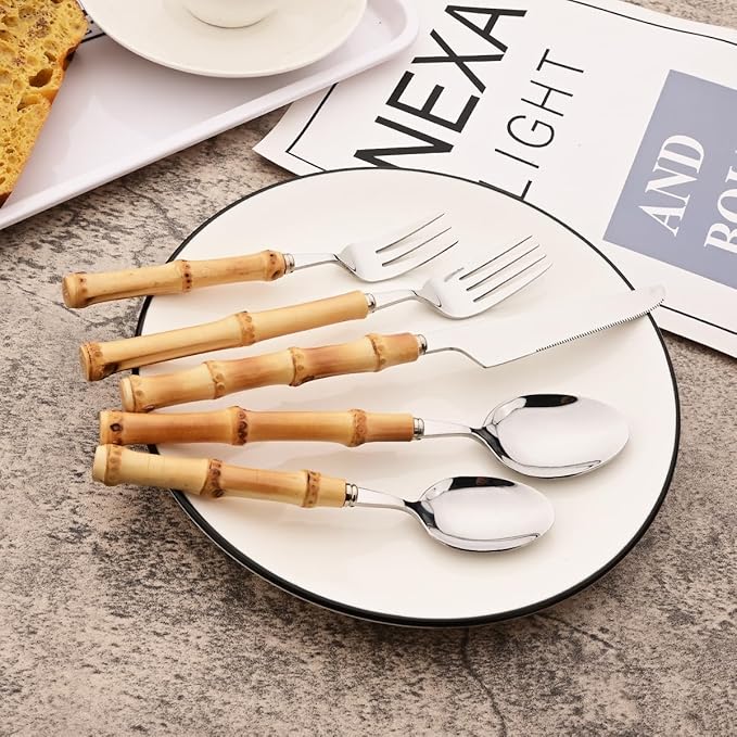 6-Piece Bamboo Silverware Set, Stainless Steel Flatware Hostess Serving Set Bamboo Utensils Tableware Set for Home Camping Travel Hotel - 6pcs Dinner Spoon
