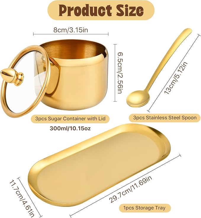 Set of 3 Stainless Steel Sugar Container with Glass Lid and Spoon, Gold 10oz Seasoning Jar Condiment Pots with Serving Tray, Kitchen Canisters Set for Pepper, Salt, Spice, Candy