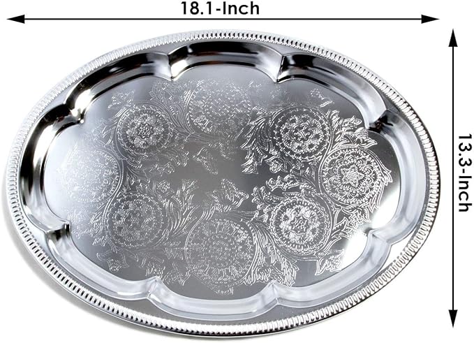 (Pack of 4) 18.1 inch x 13.3 inch Traditional Oval Floral Pattern Engraved Catering Chrome Plated Serving Plate Mirror Tray Platter Metal Tableware Holiday Party Large T225-4PK