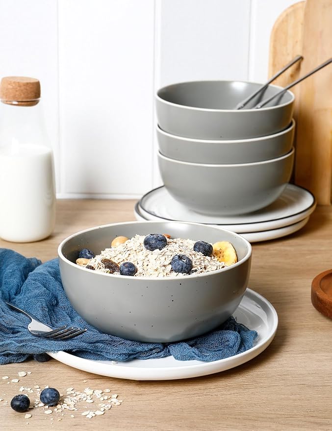 AISBUGUR Cereal Bowl, Ceramic Bowls Set of 4, 26oz Large Soup Bowls for Kitchen Dishwasher & Microwave Safe, Perfect for Cereal, Soup, Oatmeal, Salad, Pasta, Dessert, Rice, Matte Gray