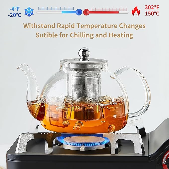 42OZ (1250ML) Glass Teapot with Infuser Stovetop Safe, Clear Glass Tea Pot Kettle, Borosilicate Tea Pot with Infusers Filter for Loose Tea, Tea Kettle Dishwasher Safe