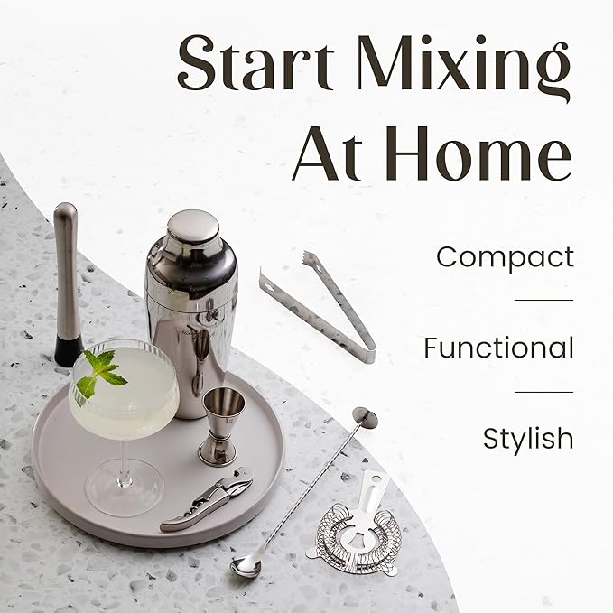 Mixology & Craft Bartender Kit: 10-Piece Cocktail Shaker Set with Dark Bamboo Stand | Complete Cocktail Kit Gift Set | Top Bartender Gifts for Men & Women | Leak-Proof Design (Silver)
