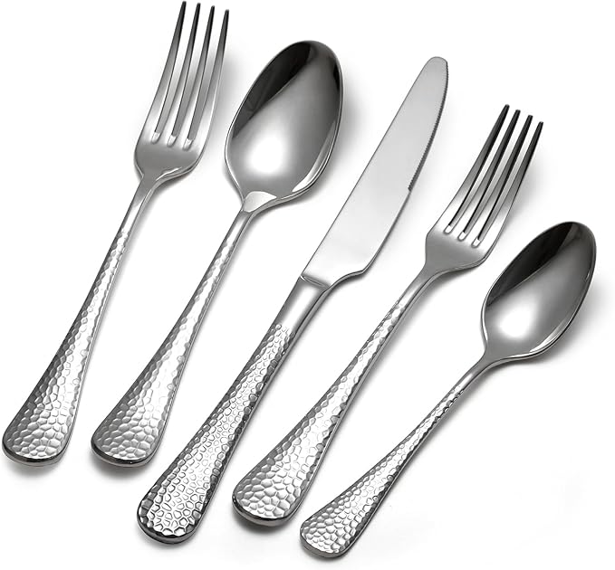 Premium 20 Piece Hammered Silverware Set with Smooth Edge, 18/10 Stainless Steel, Service for 4, Fine Flatware Set, Dishwaser Safe(20)