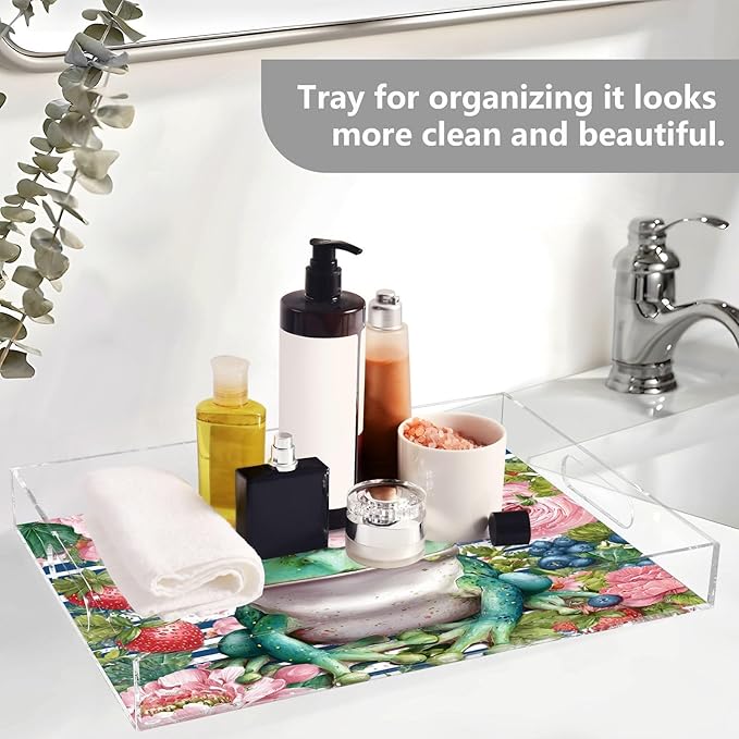 Serving Tray with Handles Clear Acrylic Tray 12x16 Inch Decorative Rectangular Tray Organizer for Ottoman Coffee Table Bathroom Be Happy Blue Striped Frog Floral Strawberry