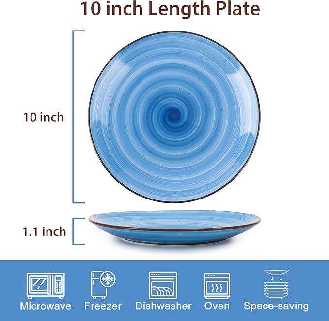 KitchenTour Large Ceramic Dinner Plates, 10 Inch Porcelain Serving Plate for Salad, Dessert Pizza Steak Pasta Plates Set, Dishwasher and Microwave Safe - Set of 6, Assorted Cool Colors