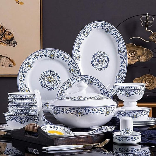 Ceramics Dinner Sets, 58 Pieces Dinnerware Set Blue and White Porcelain Style Bowl/Spoon/Plate - Family Party and Kitchen Restaurant
