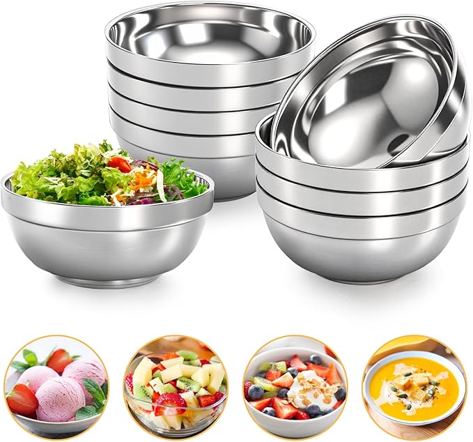 yarlung 10 Pack Stainless Steel Bowls 6.3 Inch Snacks Bowls, 25 Oz Soup Bowls Lightweight Salad Bowls Double-walled Metal Serving Dishes for Sauces, Noodle, Ice Cream