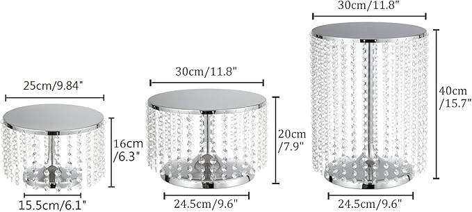 LoveCat Silver Cake Stand Set of 3, Round Charming Cake Pans with Crystal Beads for Dessert Table Christmas Wedding Birthday Baby Shower Display