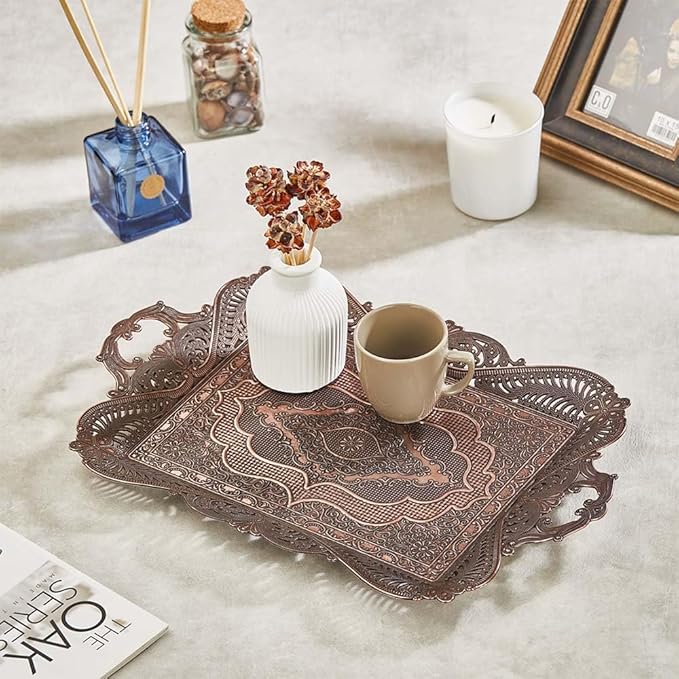 Antique Vintage Tea Coffee Serving Tray Table Home Decor Decorative Handle - Arabic Persian Turkey Fancy Rustic Farmhouse Rectangular Decorative Beverage Bar Ottoman Style Tray Traditional Unique