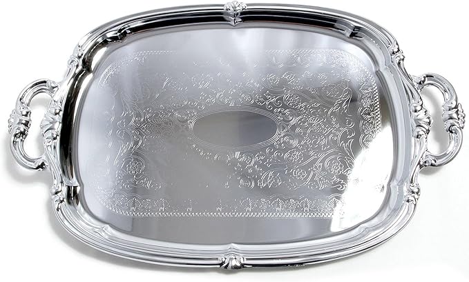 (Pack of 4) 21-Inch x 13.5-Inch Elegant Victoria Floral Engraved with Handle Serving Tray Silver Metal Plate Platter Food Decorative Buffet Wedding Party T166-4PK