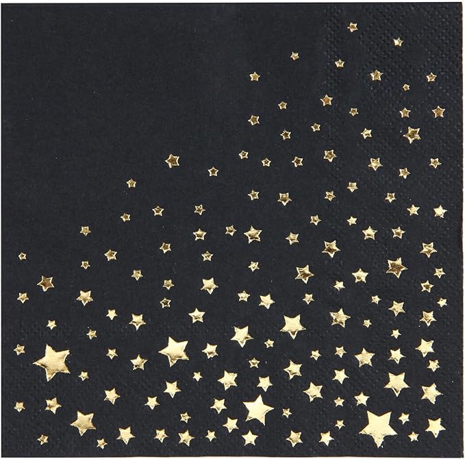Stylish Black and Gold Napkins, 100 Black Star Napkins, 5x5 Inch Black&Gold Cocktail Napkins, Disposable Star Cocktail Napkins for Party
