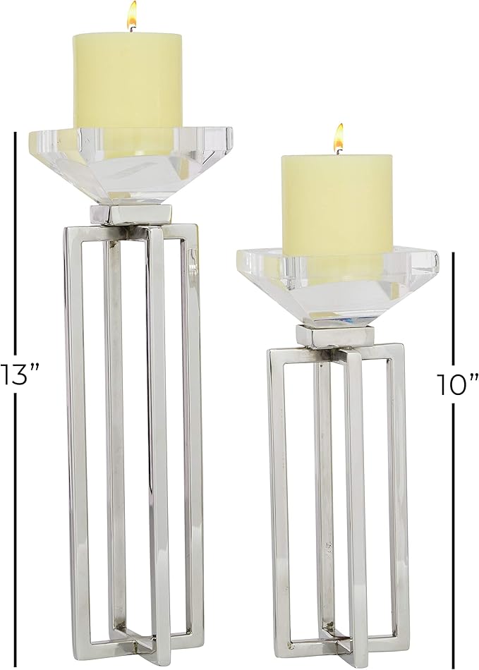 Deco 79 Stainless Steel Metal Geometric Decorative Candle Holder Candle Stand with Diamond Inspired Top, Set of 2 Candlestick Holder 10", 13"H, Silver