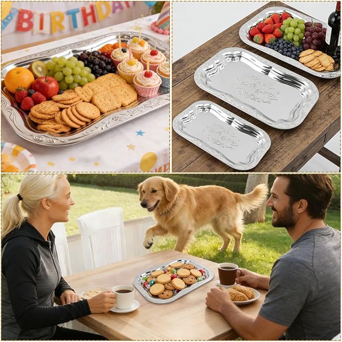 3Pack Silver Serving Trays Set,Vintage Floral Engraved Mirror Decorative Tray,Silver Platter Tray for Whiskey, Cookies, Charcuterie, Snacks, Desserts, Fruit, Party Food Display