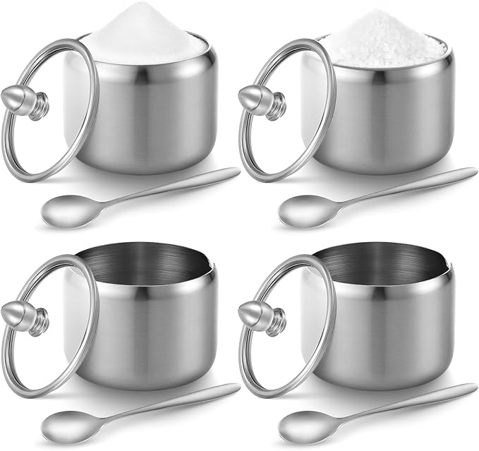4 Pack 10oz Sugar Bowl with Lid And Spoon, Stainless Steel Sugar Creamer Container Durable Round Jar for Coffee Bar Kitchen Accessories Food Storage Containers Kitchen Decor Housewarming Gift (Silver)