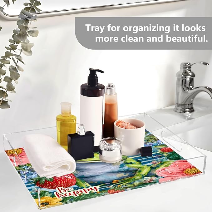 Serving Tray with Handles Clear Acrylic Tray 12x16 Inch Decorative Rectangular Tray Organizer for Ottoman Coffee Table Bathroom Cute Blue Striped Frog Floral Strawberry