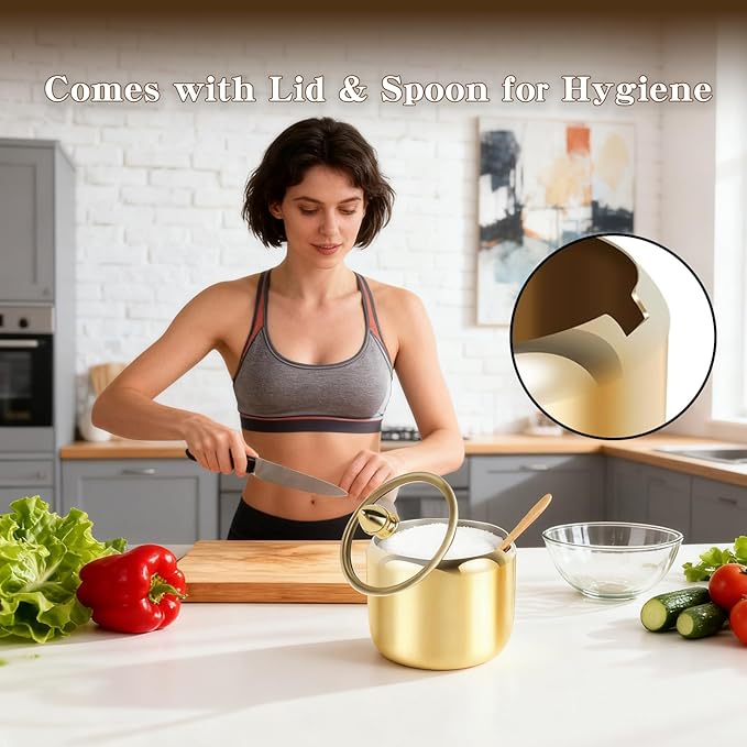 Sugar Bowl with Lid and Spoon - 10oz Gold Stainless Steel Sugar Container, Coffee Bar Accessory for Kitchen & Home, Stores Salt & Candy