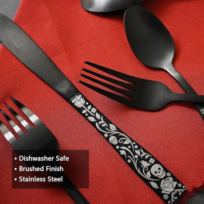 20-Piece Matte Black Silverware Set for 4, Skull Rose Cultery Set 18/0 Stain Finish Stainless Steel, Gothic Skeleton Pattern Decorative Flatware Set, Daily Halloween Party Event Serving For 4