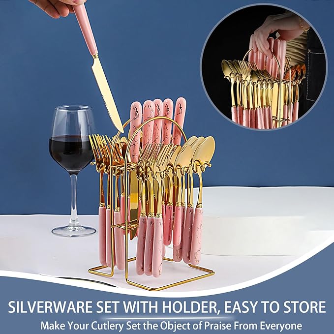 24 Pieces Flatware Set, Stainless Steel Cutlery Set with Silverware Holder, Modern Gold Silverware Set Includes Dinner Knives Forks Spoons,Hanging Silverware Set Service for 6 (Pink Gold)