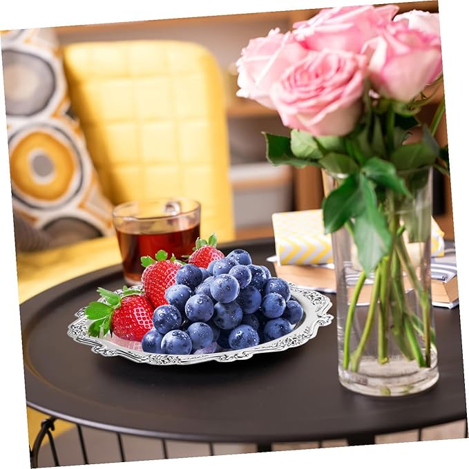 OUNONA Vintage Wrought Iron Snack Serving Tray Silver Dessert Platter for Home Parties Multifunctional Jewelry Dish Holder Elegant Fruit and Appetizer Plate