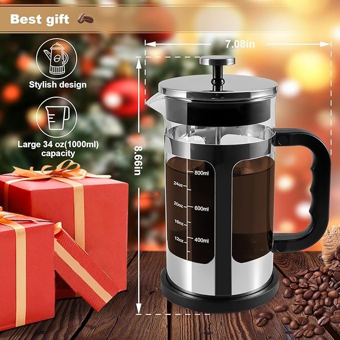 French Press Coffee Tea Maker， Upgrade Heat Cold Resistant Thickened Glass with 4 Level Stainless Steel Filtration System Brew Coffee & Tea， BPA Free, Large 1000ml 34oz, (Silver)