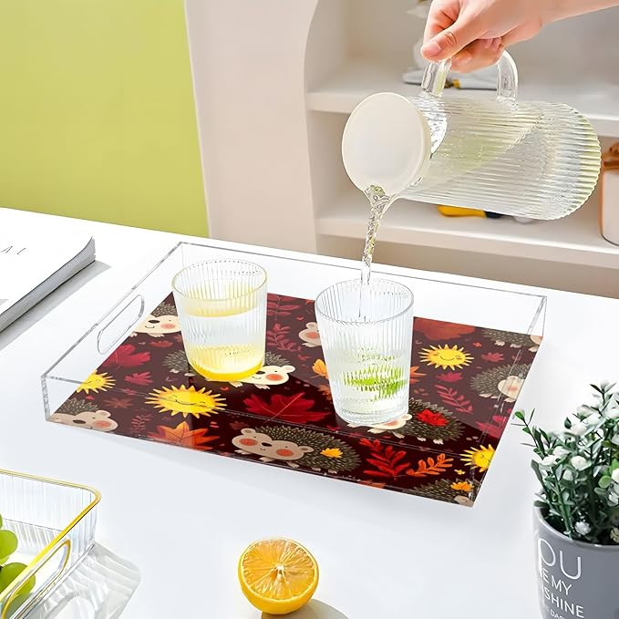 Serving Tray with Handles Clear Acrylic Tray 12x16 Inch Decorative Rectangular Tray Organizer for Ottoman Coffee Table Bathroom Autumn Leaves Hedgehogs Brown