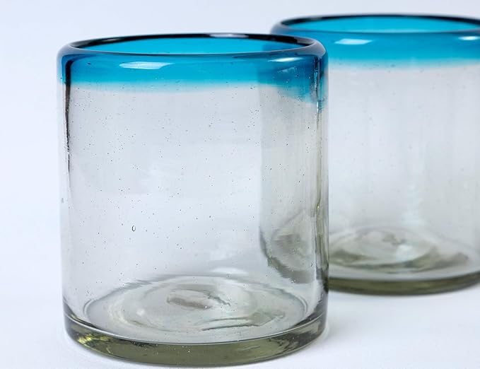 Handmade con Amor - 7 oz Hand Blown Mexican Drinking Glasses - Set of 2, 7 fl oz each, Aqua Rim