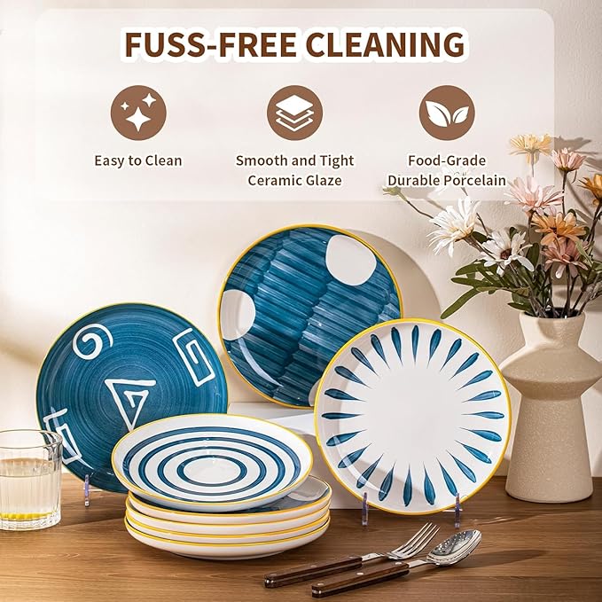 Yeacccng Dinner Plates Set of 4, Ceramic Sandwich Plate, 8 Inch Saucers Plates, Shallow Plates for Kitchen Decor, Scratch-Resistant, Lead-Free, Dishwasher & Microwave Safe, Easy Clean