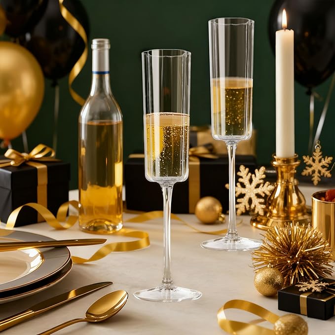 Ciaell 24 Pack Plastic Champagne Flutes - 6 Oz Flower Wavy Champagne Plastic Glasses - Heavy Duty Vintage Disposable Flutes for Party & Anniversary & Wedding