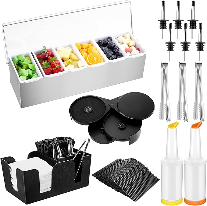 Mifoci Bartending Supplies Garnish Tray with Lid Bar Caddy 3 Tier Glass Rimmer 12 Stainless Steel Bottle Pourers 2 Juice Pour Bottle 1000 Cocktail Straw 3 Serving Tong(6 Compartments,Stainless Steel)