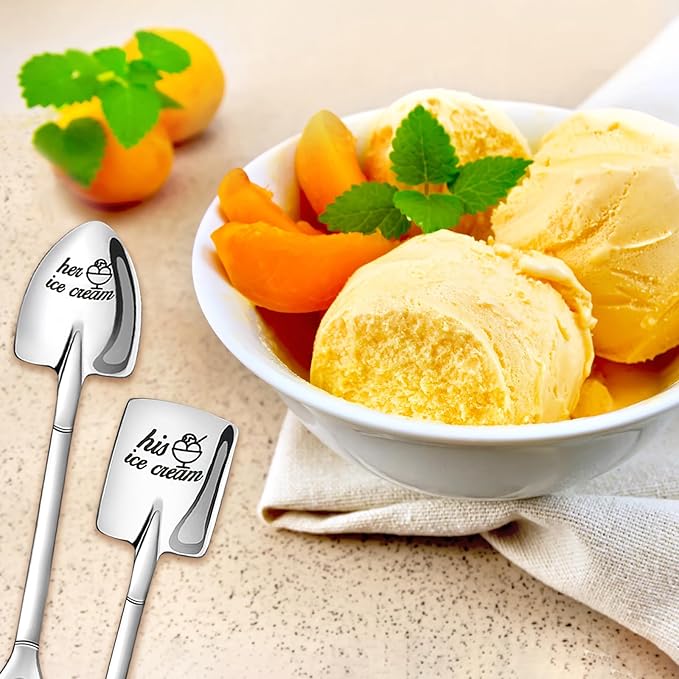 2 Pcs Engraved Ice Cream Shovel Gifts for Couples - His and Hers Stainless Steel Ice Cream Spoons Gifts for Him and Her - Christmas Engagement Anniversary Birthday Gifts for Couple Wife Girlfriend