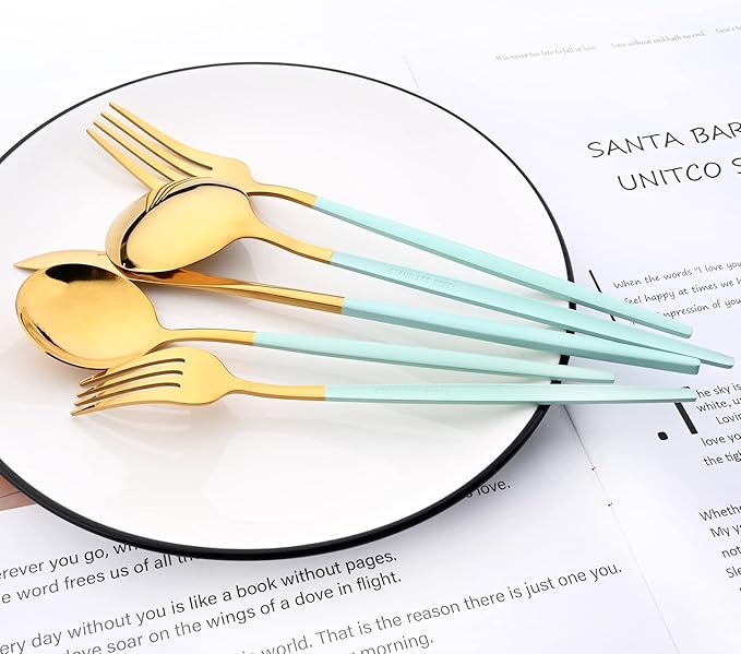 30-Piece Snplowum Mirror Flatware Serving Set, 18/0 Stainless Steel Dinnerware With Mint Green Handle, Modern Durable Home Kitchen Eating Tableware Set Service For 6 (Mint Green Gold)