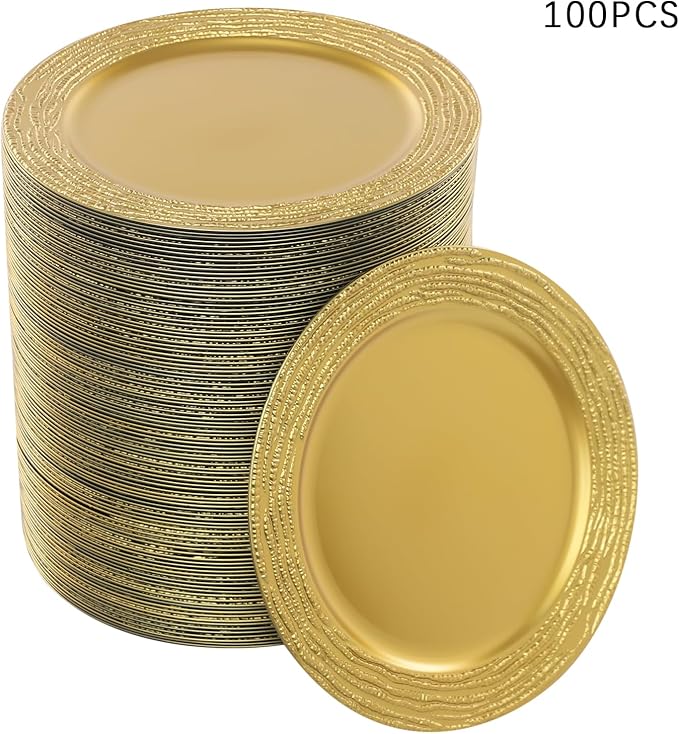 100 Pack Gold Chargers for Finner Plates, 13 Inch Plastic Round Bright Charger Plates Bulk, Wedding Decoration for Table Setting Wedding Party Event Tabletop (Gold)