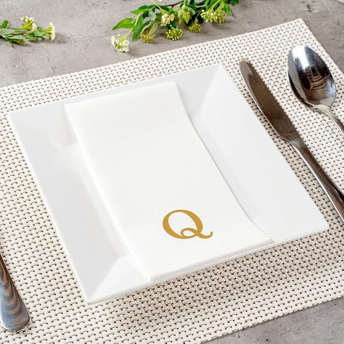 Luxenap 15.8 X 7.9 Inch Linen-Feel Guest Towels, 2000 Lettered Hand Towels - Gold Letter 'Q', Sans Serif Font, White Paper Dinner Napkins, airlaid, For Restrooms And Tables