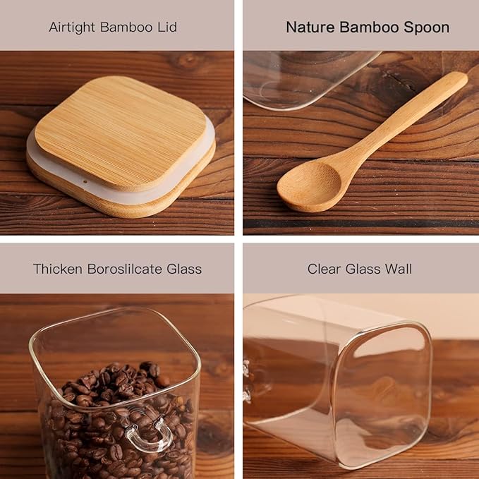 6 Pcs Square Glass Jar with Bamboo Lid and Spoon - 27 oz Large Sugar Container with 148 Kitchen Pantry Spice Jar Labels Preprinted - Glass Containers with Wooden Lids Hold Coffee, Tea, Candy